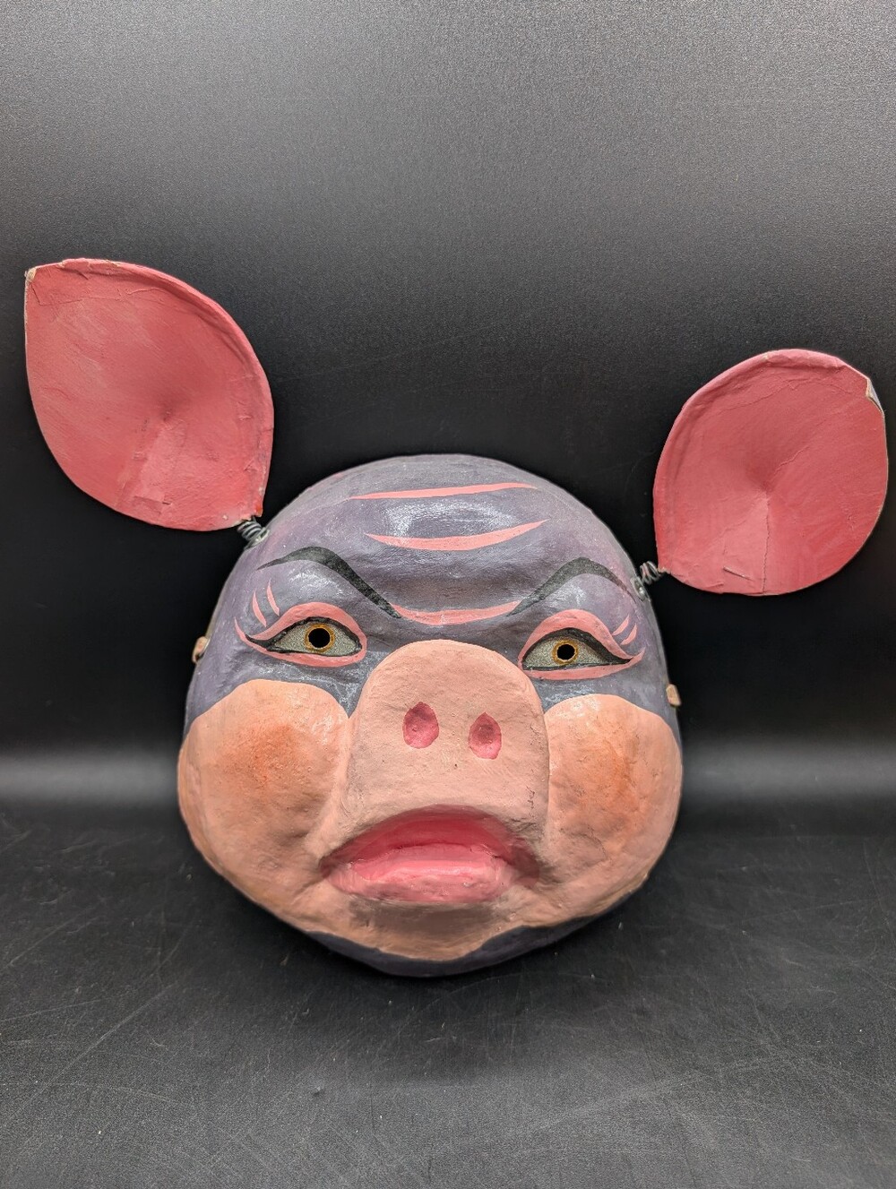 Vintage Papier Mache Pig Halloween Mask, Spring Ears, Hand Painted, Made PRC